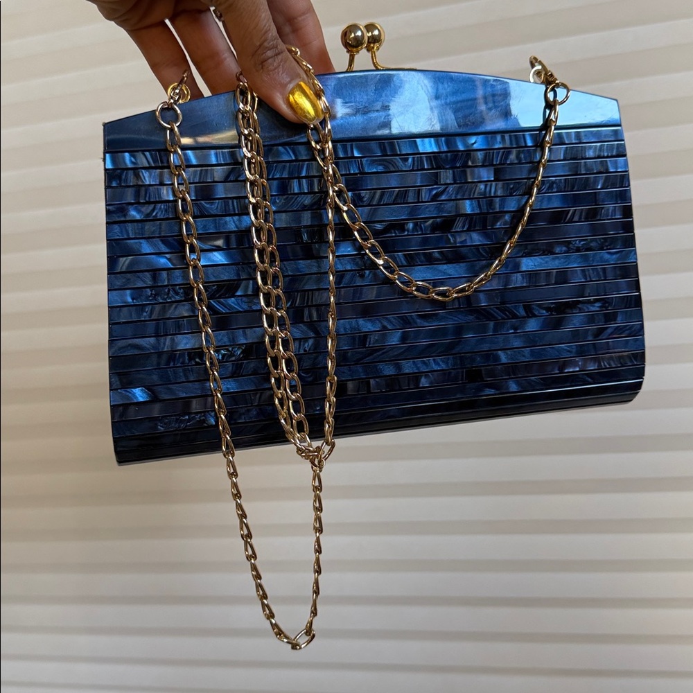 Vintage Blue Lucite Clutch Mother of Pearl Effect Hard Case Evening Bag - Picture 13 of 15